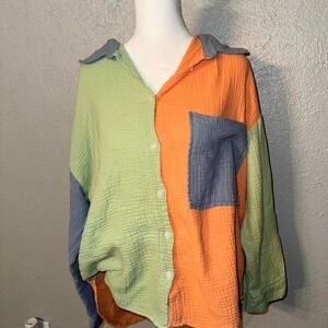 Vici color block oversized boxy gauze long sleeve button up 100% cotton Sz M